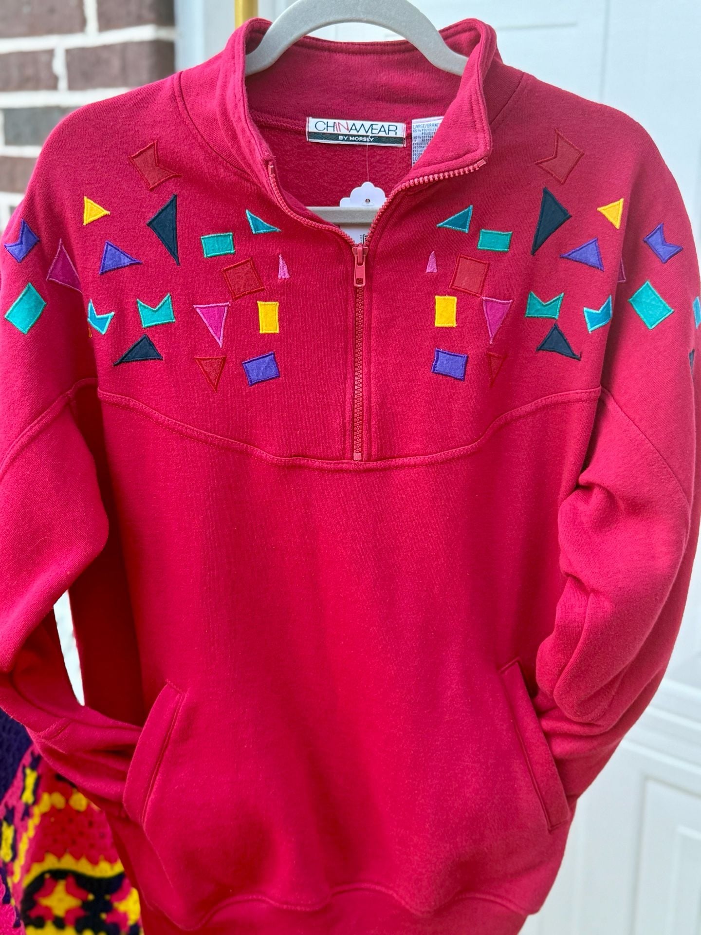 Vintage 90s Chinawear Pink Half Zip Sweatshirt W Geometric Sz L